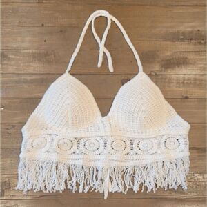 NWOT White Padded Crochet Bohemian Bralette Tassle Fringe Halter Crop Top OS